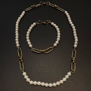 Handmade Gold plated titanium and Auth White Pearl Necklace and Bracelet Set